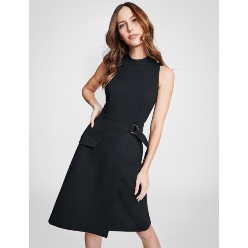 Spanx Ponte Cargo Dress Womens Large Black Mock Neck Belted Pocket Knee Length